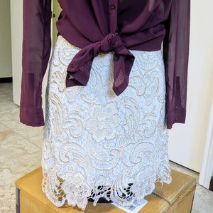 NEW Vert Ivory White Gold Lace Bodycon Pencil Mini Skirt L